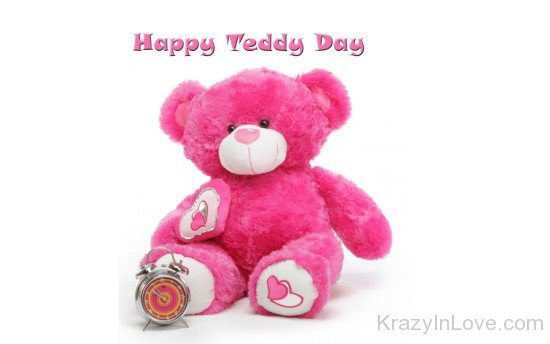 Happy Teddy Day Pink Teddy With Alarm Clock